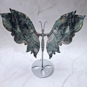 Papillon sur support métal en pierre jaspe océan