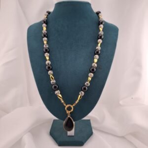 Sautoir marin "Éclat Nocturne" – Obsidienne Noire, Jaspe Dalmatien & Hématite Dorée