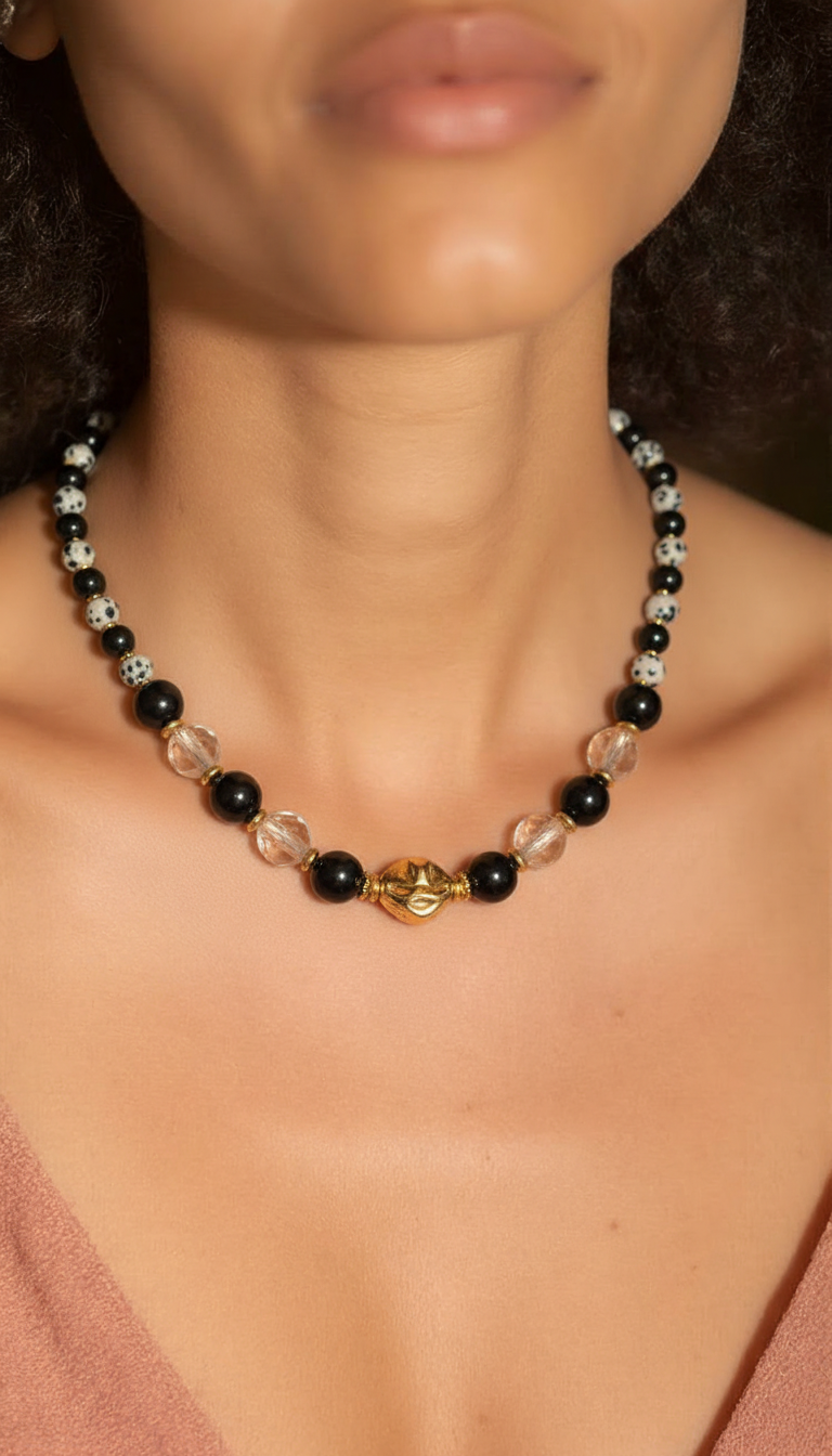 Collier "Astral Gold" – Obsidienne, Jaspe Dalmatien & Résine Feuille d'Or – Image 11