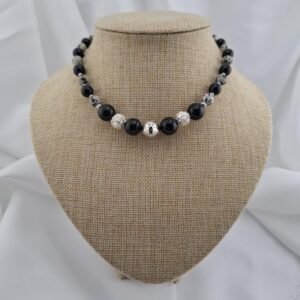 Collier "Contraste argenté" – Obsidienne, Jaspe Dalmatien & argent brillant