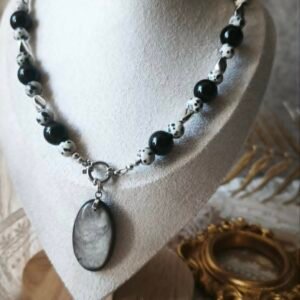 Sautoir marin "Éclat Nocturne"  Obsidienne Argeté, Jaspe Dalmatien & Hématite Argenté