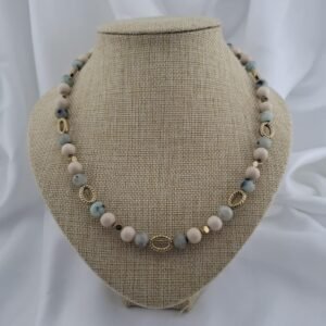 Collier Longueur Opéra – Jaspe Kiwi, Dolomite & Hématite Dorée